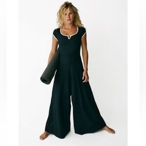 Free People Movement Pipe Dream Black White Wide Leg Open Back Jumpsuit Onesie
